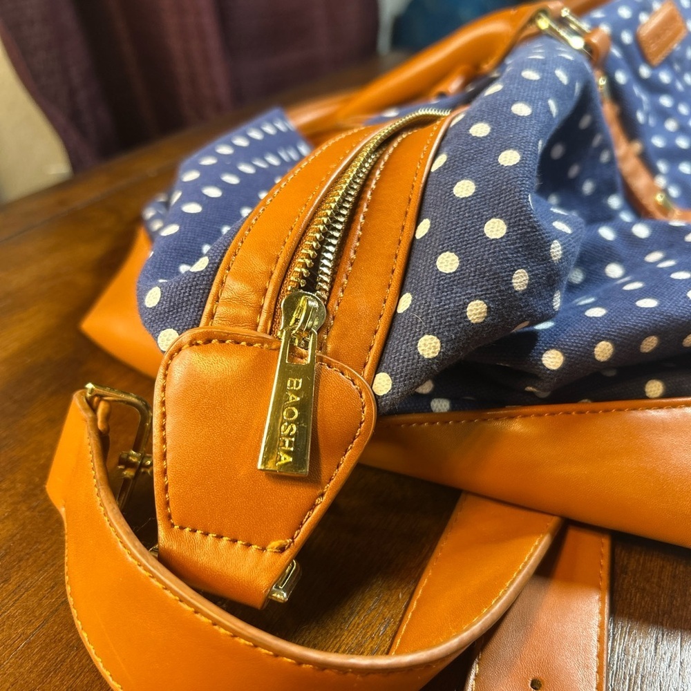 Stylish Navy Polka Dot Travel Bag with Tan Details​ - Picture 4 of 12